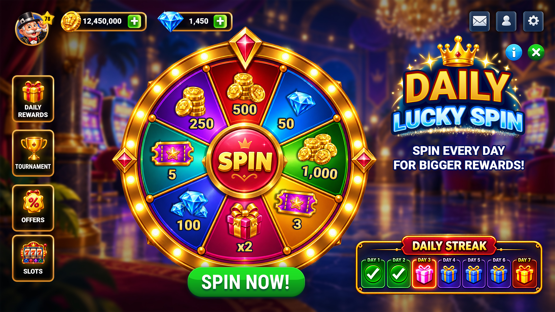 Daily Lucky Spin main screen with a prize wheel, currency balances and seven-day reward streak