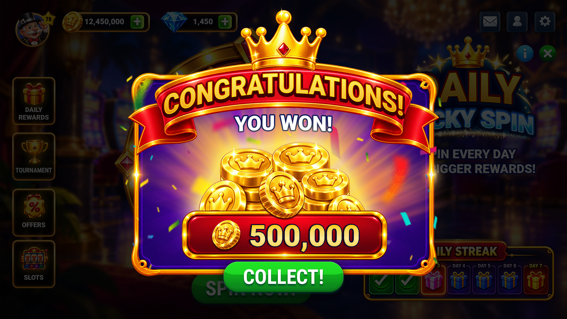 Daily Lucky Spin reward popup showing a 500,000 coin prize and green Collect button